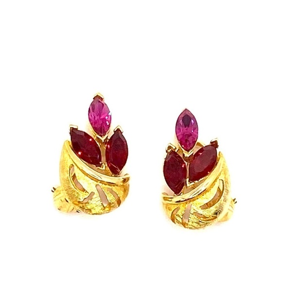 Clip Ons Earrings Gold Tone Pink Crystals - Picture 2 of 15